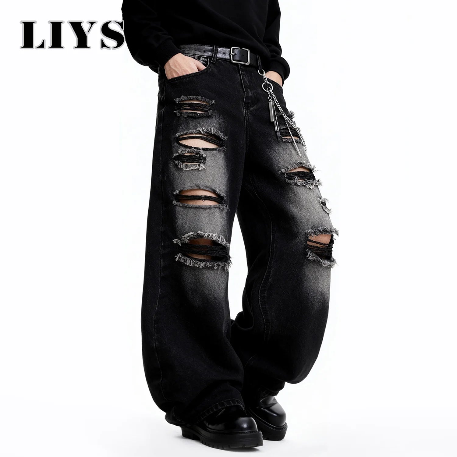Retro Black Baggy Wide Leg Ripped Jeans