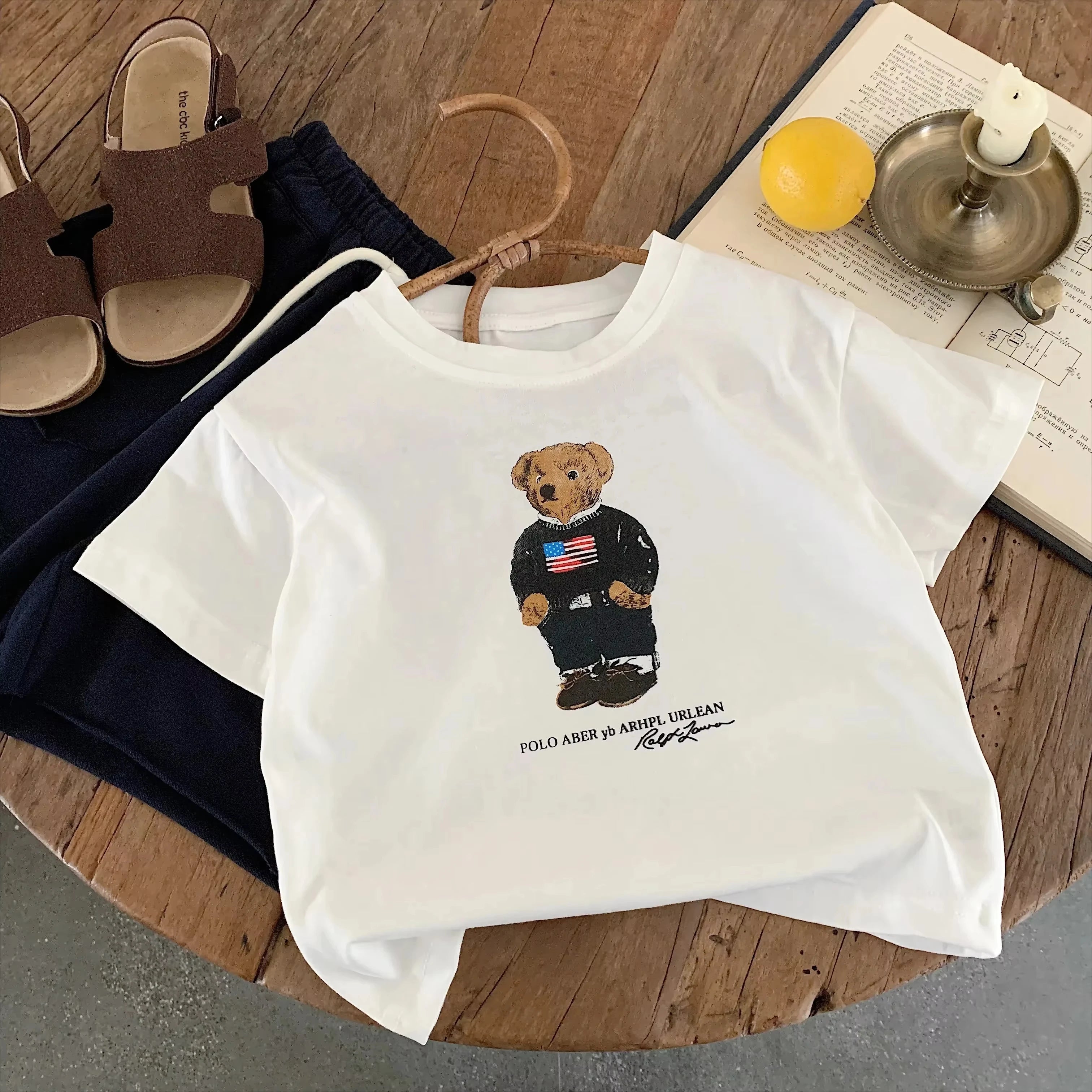 Children's cotton T-shirt boys and girls cartoon teddy bear short-sleeved T-shirt cute pattern top suitable for all seasons