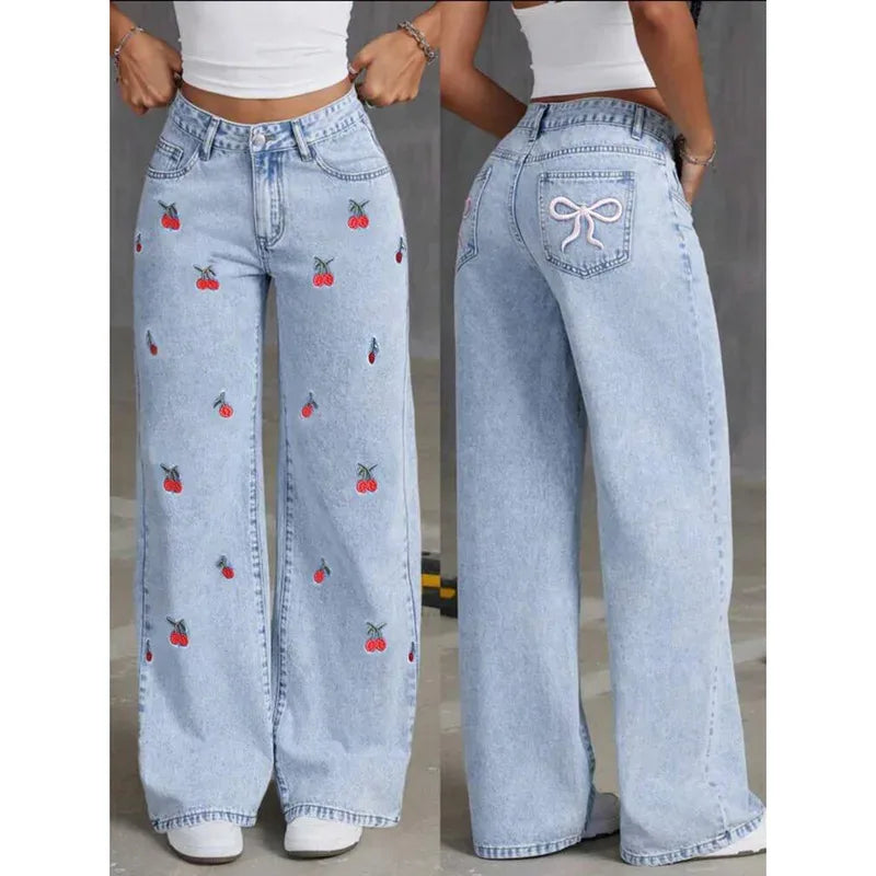Embroidery High Waist Distressed Washed Jeans