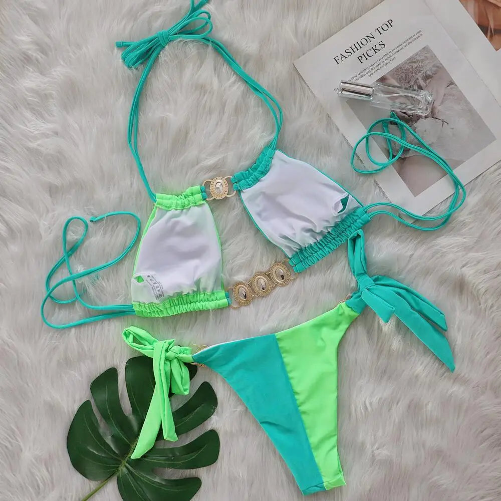 Rhinestones Splicing Bikini Set