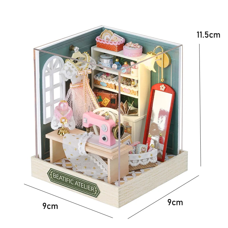 Wooden Miniature Doll House DIY Handmade Assembly Model Building Kit With Dust Cover