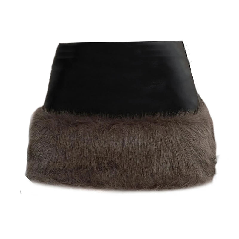 Leather Black Stitch Faux Fur Corset Strapless Tube Mini Skirt Set