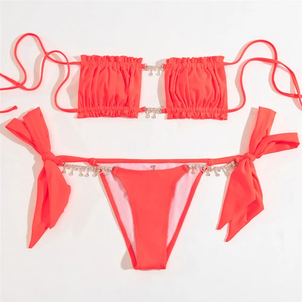 Rhinestone Chain Micro Thong Bikini