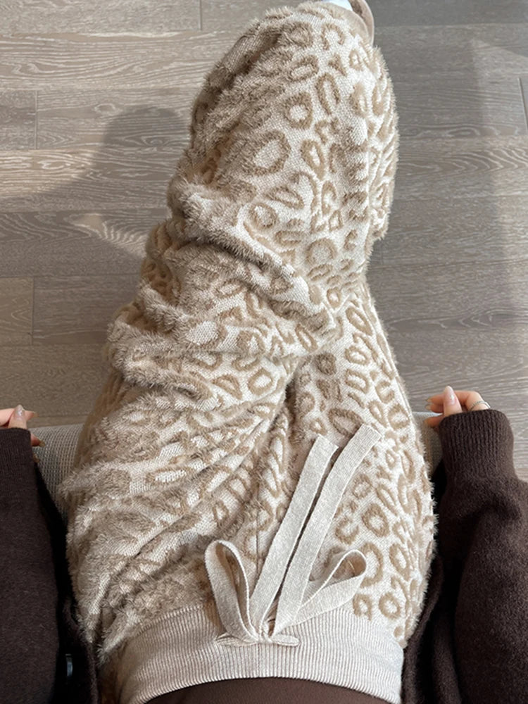 Leopard Print Contrast Color Basic Full Length Wide Leg Pants