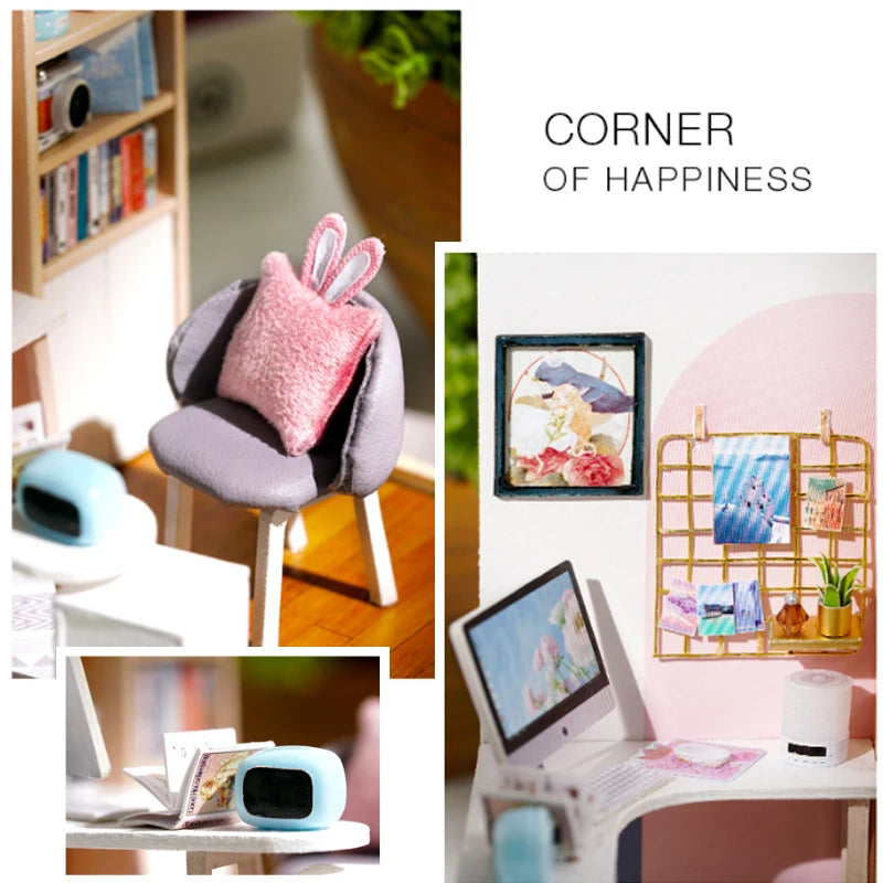 Wooden Miniature Doll House DIY Handmade Assembly Model Building Kit With Dust Cover