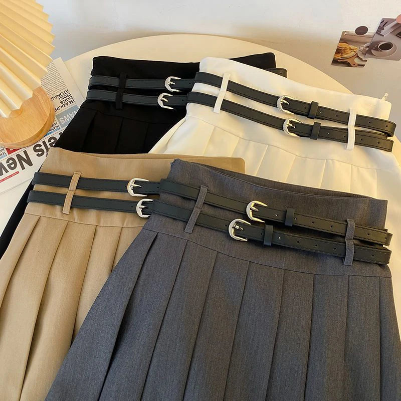 Double Belt Pleated Skirt