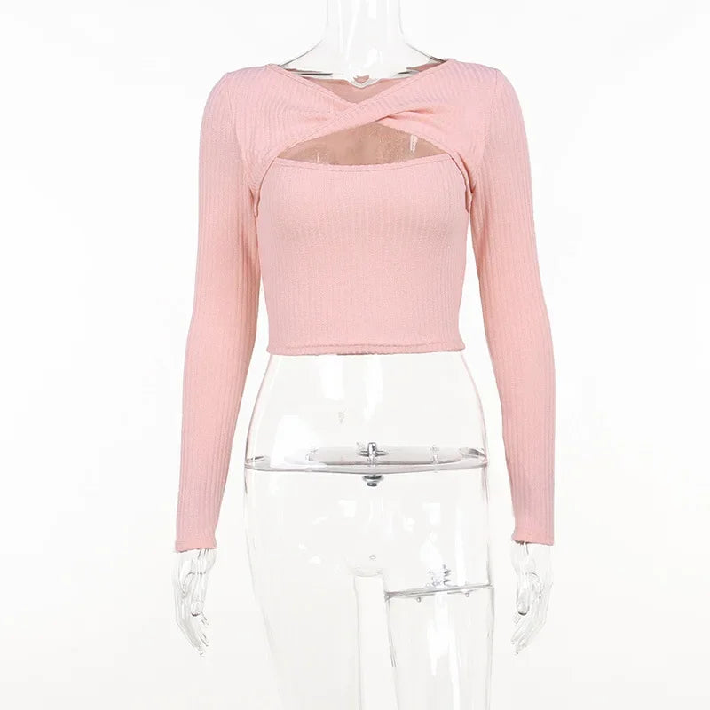 Hollow Out Sexy Long Sleeve Top for Women Spring Mesh Red Short Fitting Knit Sweater  Winter Thin Tops Sweet E8FH