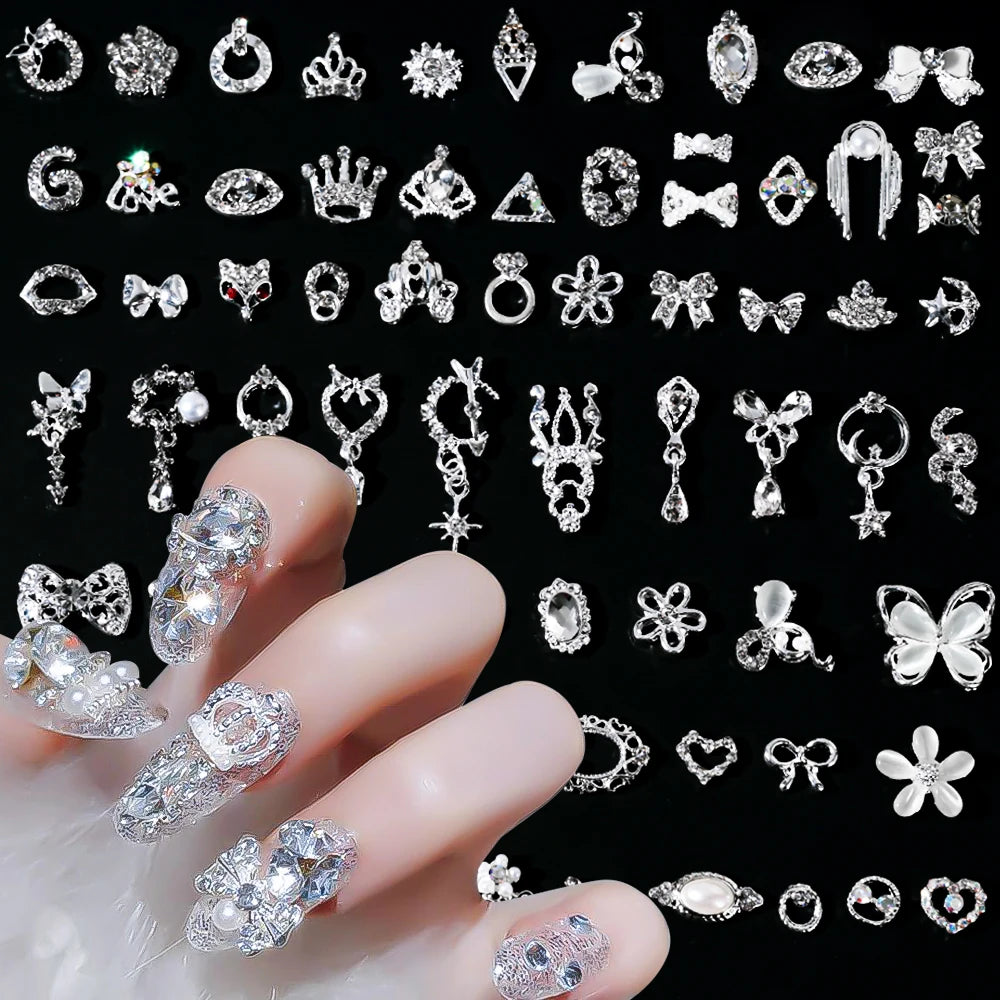 50Pcs 3D Mixed Random Luxury Nail Charms Metal Gold/Silver Butterfly/Bowknot Nail Art Decoration With Crystal Manicure Jewelry