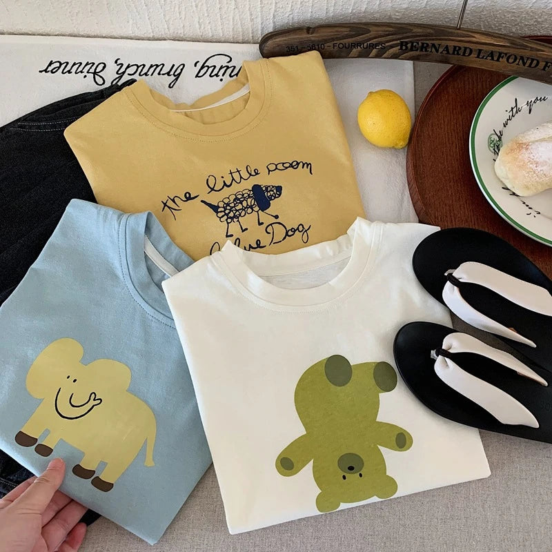 Summer Clothing Baby Boys Cartoon Printed T-shirt Round Collar Loose Casual Tshirts Children Clothes Short Sleeve Tees Tops