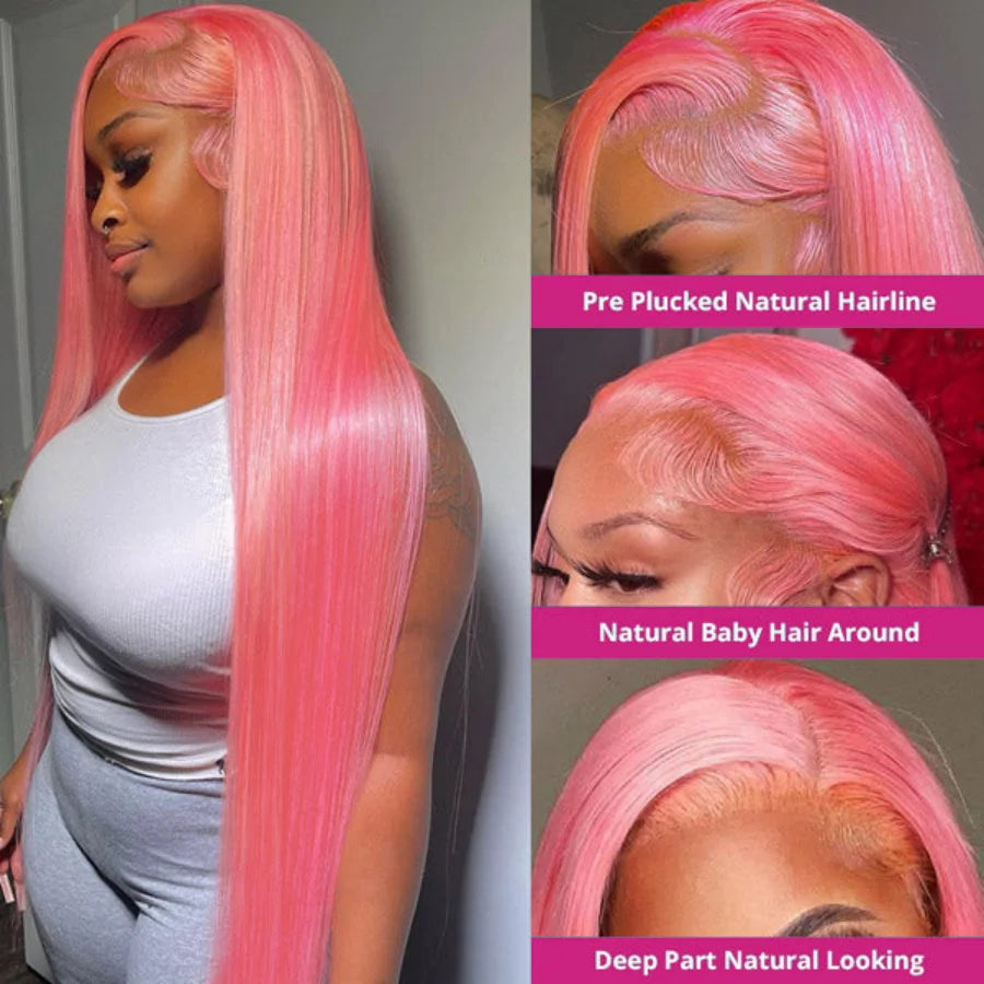 13x4 Pink Wig Lace Front Human Hair Wig Brazilian 13x6 HD Lace Frontal Wigs Pre Plucked Pre Bleached Bone Straight Colored Wigs