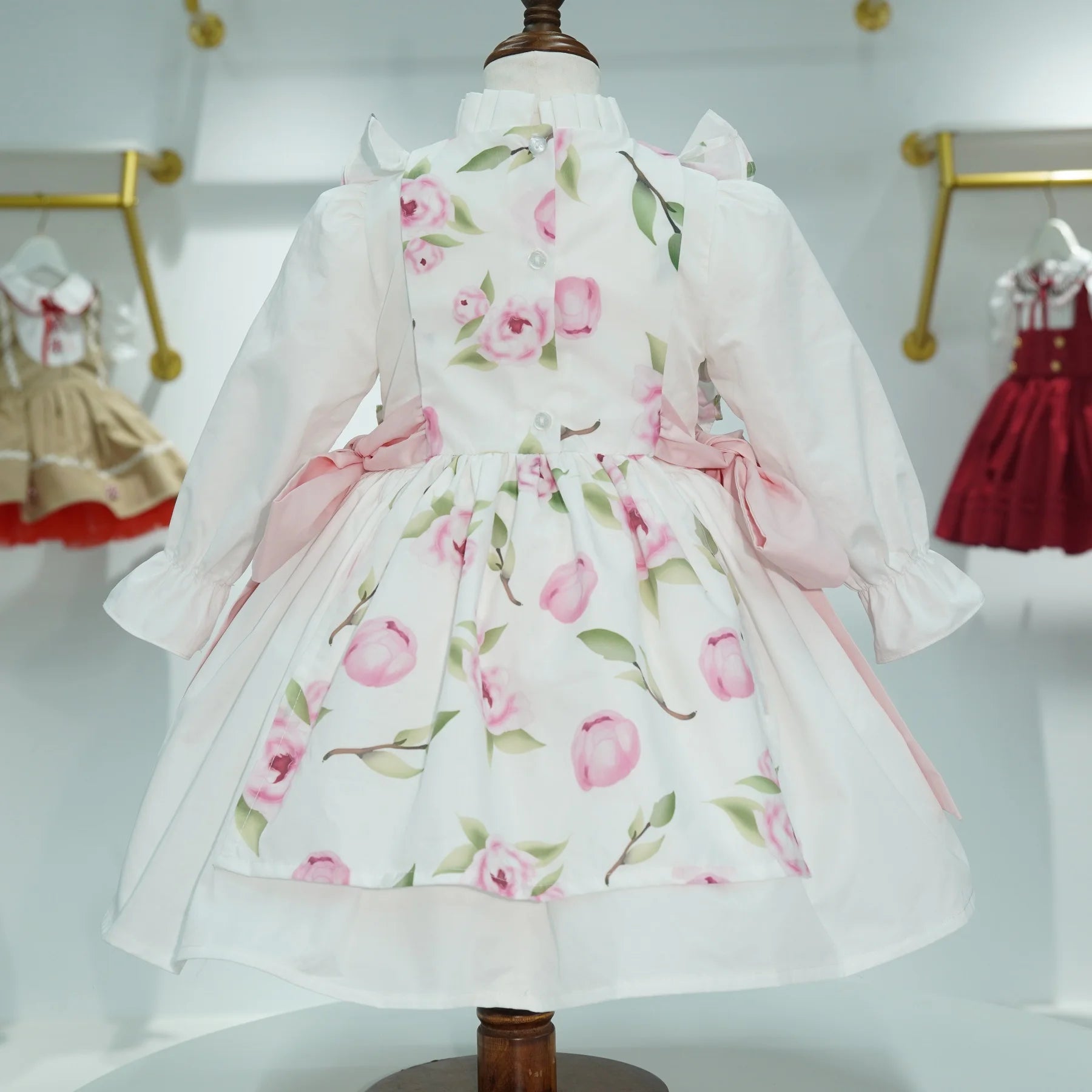 Baby Girl Autumn Floral Printed Turkish Vintage Princess Ball Gown White Dress for Birthday Holiday Photography  C25