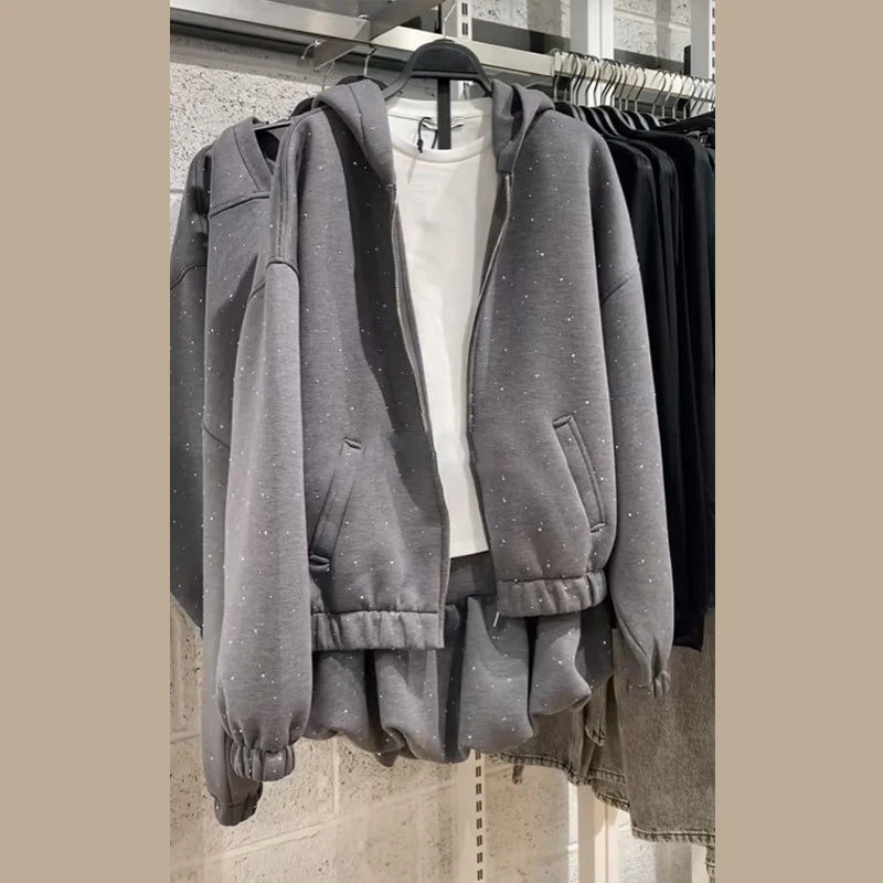 Rhinestone Hooded Jacket Skirt Set