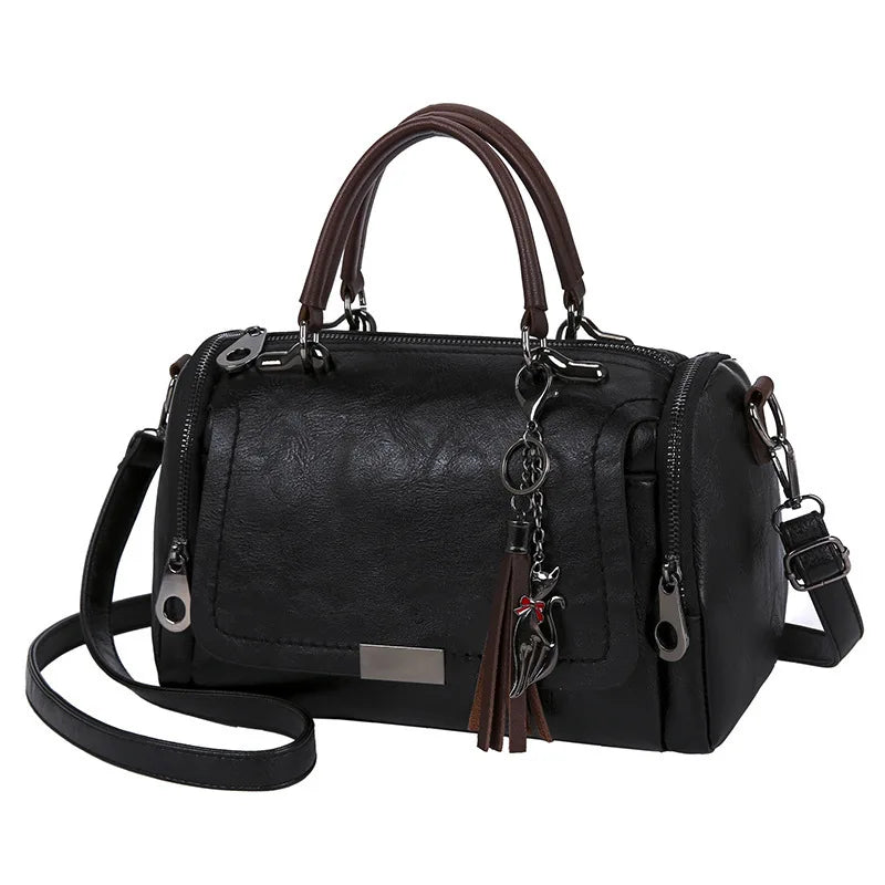 Textured Crossbody Satchel with Tassel Charm