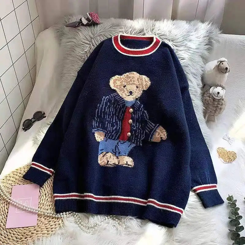 2025 Autumn Winter Women's Vest Japanese Style Cartoon Bear Pullover Vest Sweater Oversize Harajuku Kawaii Clothes Knitted Vest