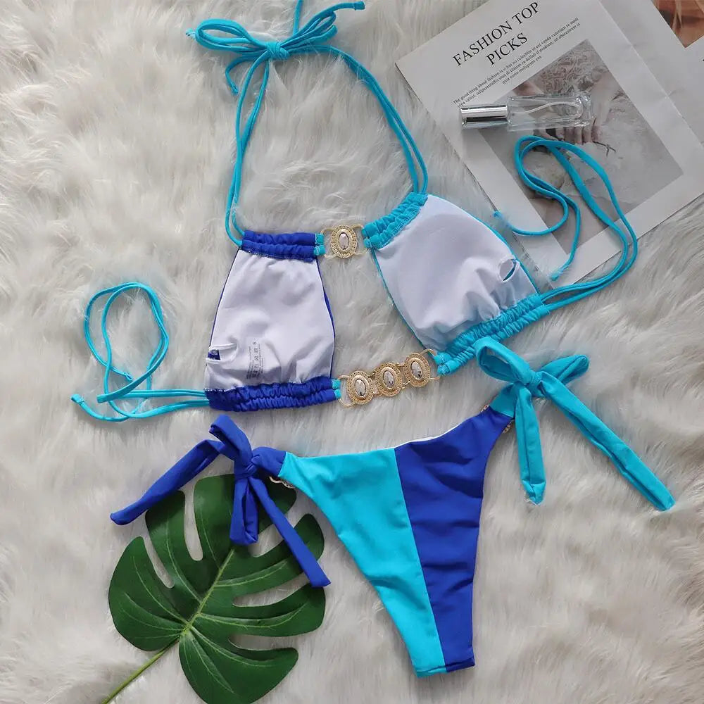 Rhinestones Splicing Bikini Set