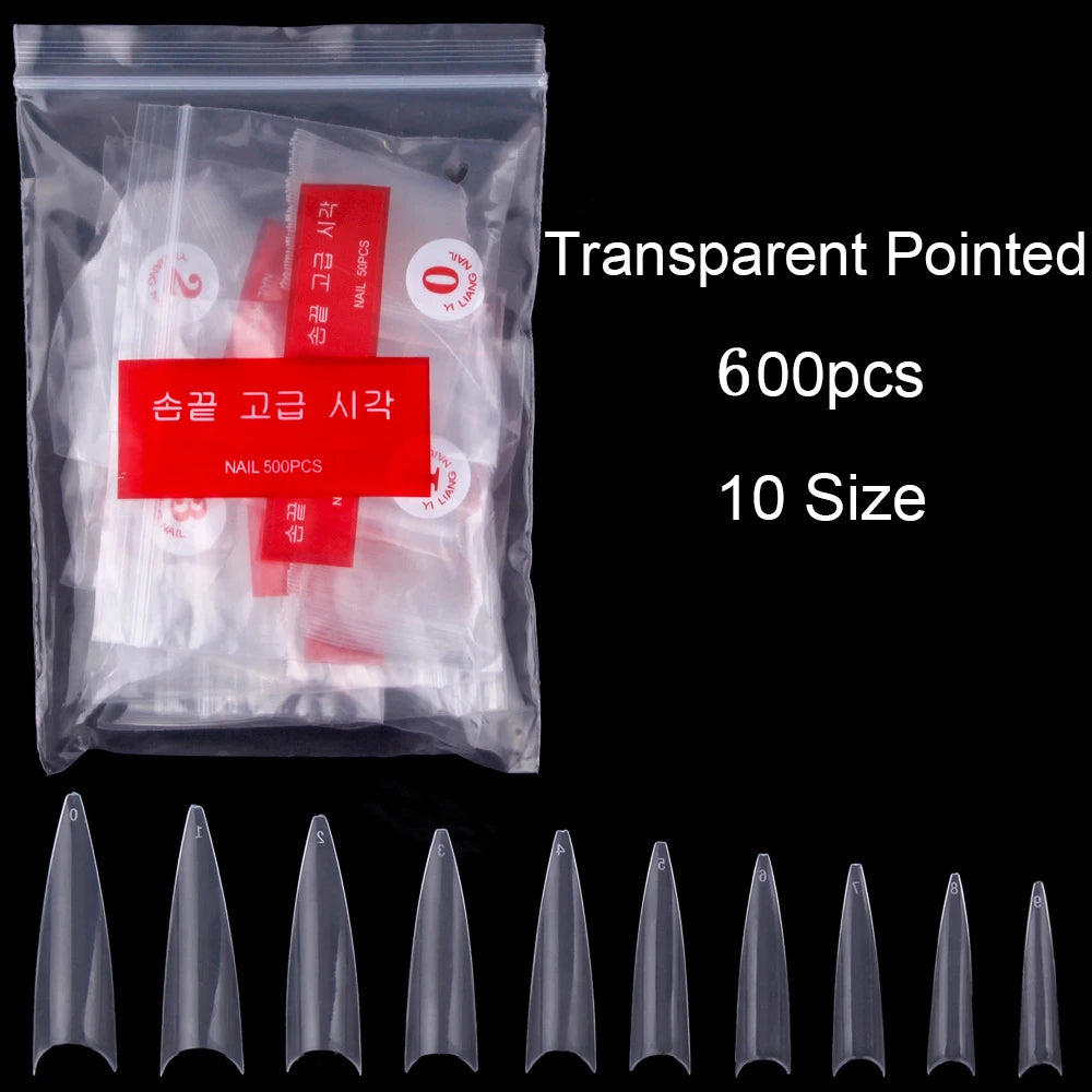 1Bag(600Pcs)Natural Stiletto Practice Nail Tips 10Size Half Cover Fake Acrylic Tip UV Gel Extension Press On Nails Manicure Tool