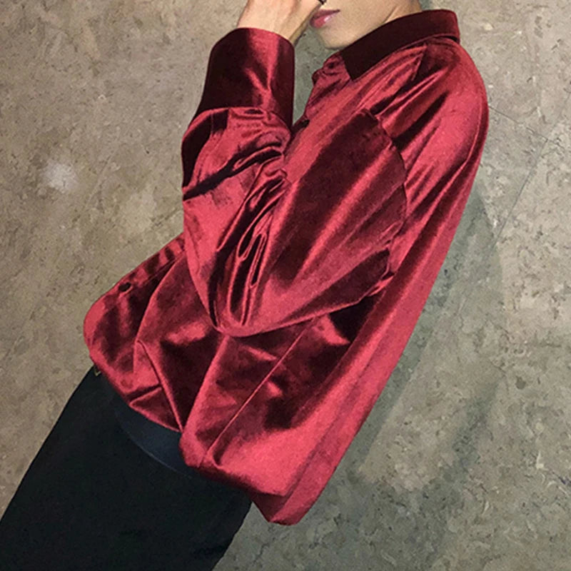 Velvet Solid Color Turn-Down Collar Buttoned Casual Shirt