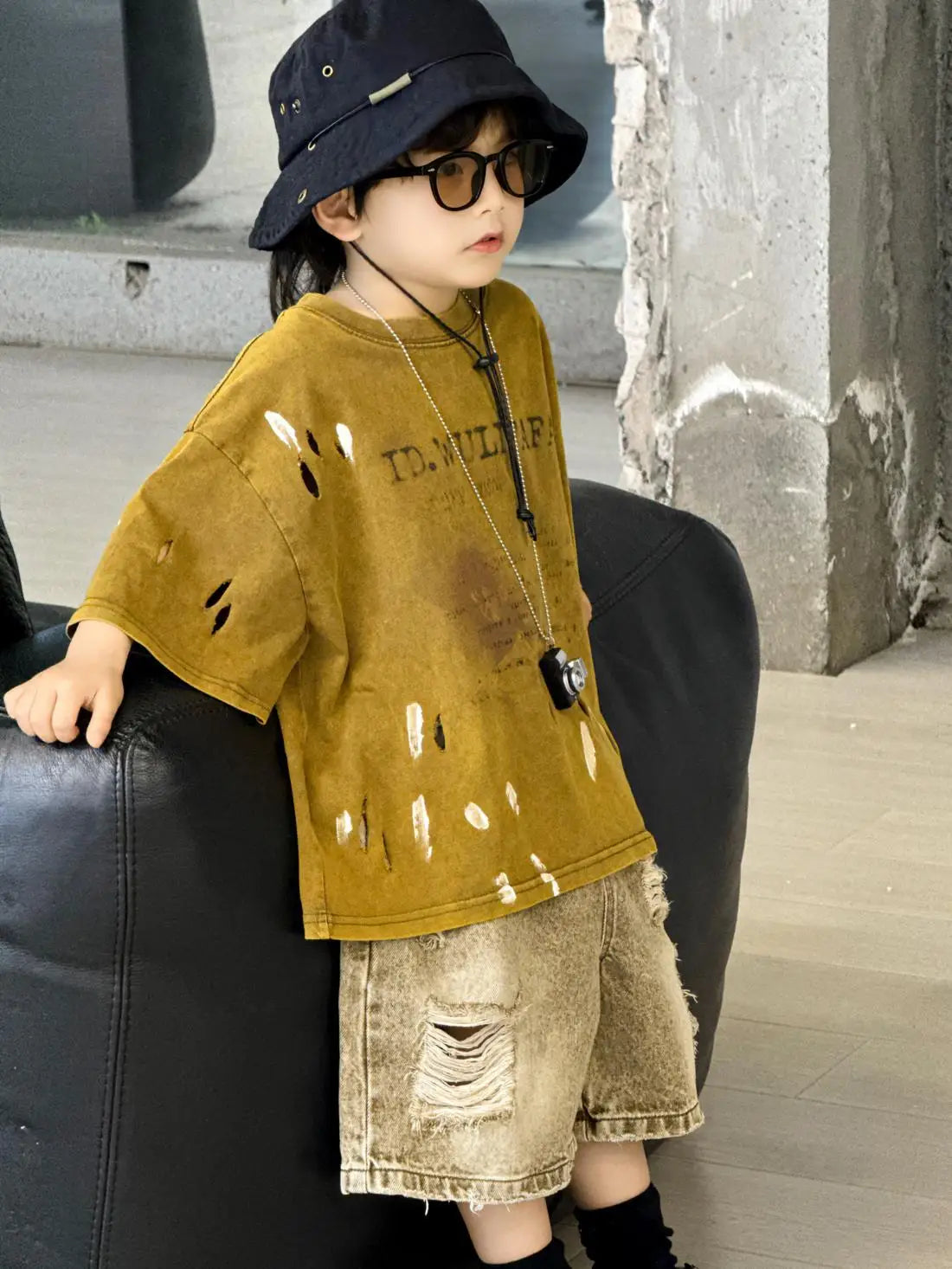 100-150cm Boys' clothing set summer new style children's ripped denim shorts tie dye short sleeved T-shirt 2-piece set