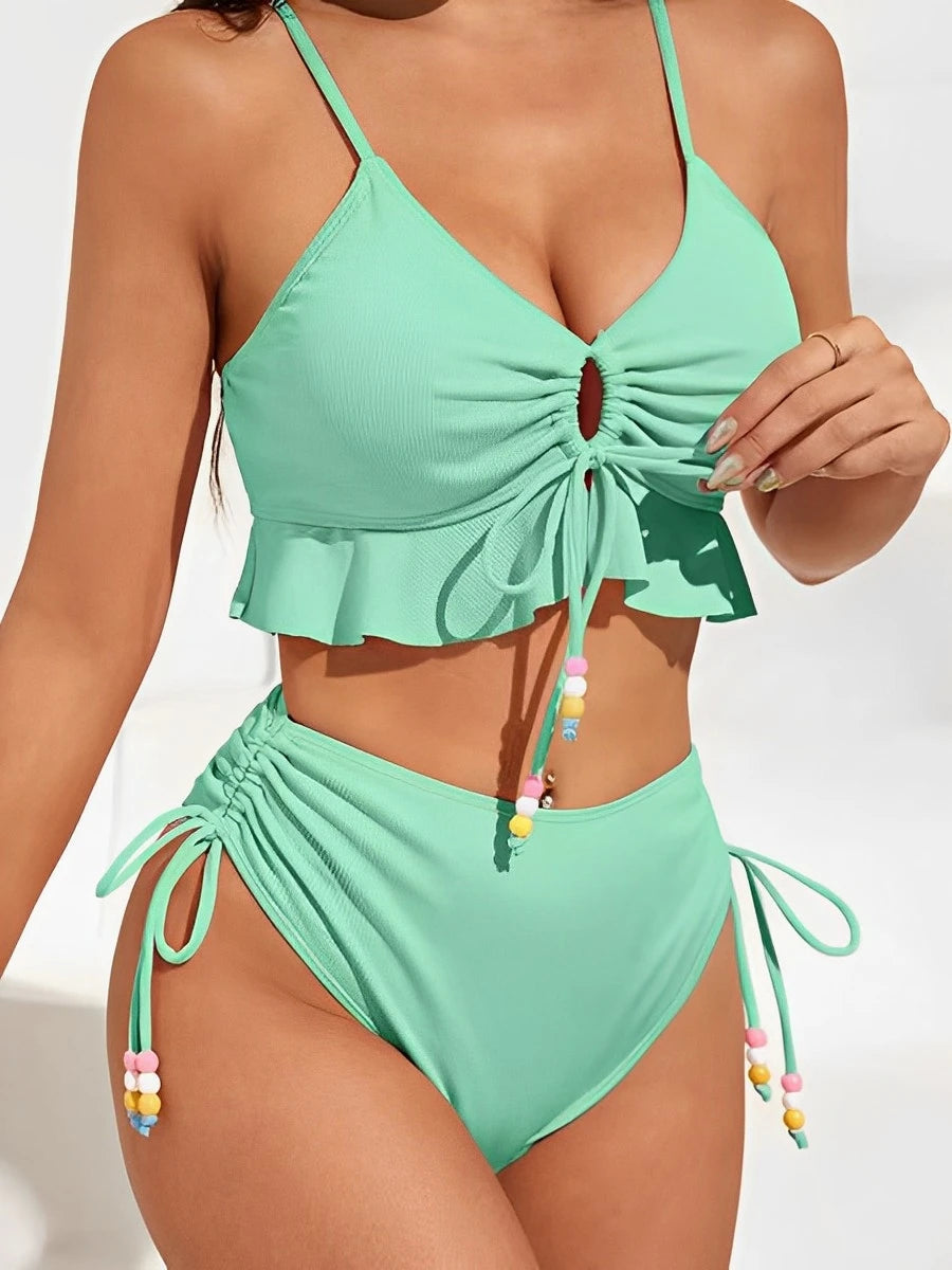 2025 High Waist Bikini Women Drawstring Swimwear Female Ruffle Swimsuit Solid Bathers Bathing Swimming Swim Suit Beachwear