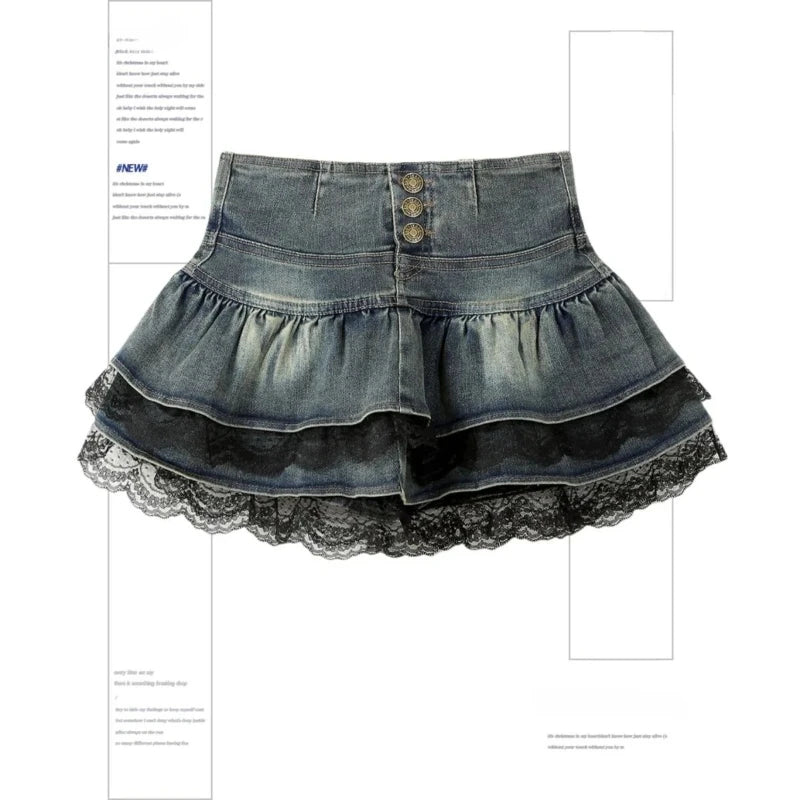 Denim Pleated Skirt Lace Fold Design A-line Short Skirt Built in Shorts