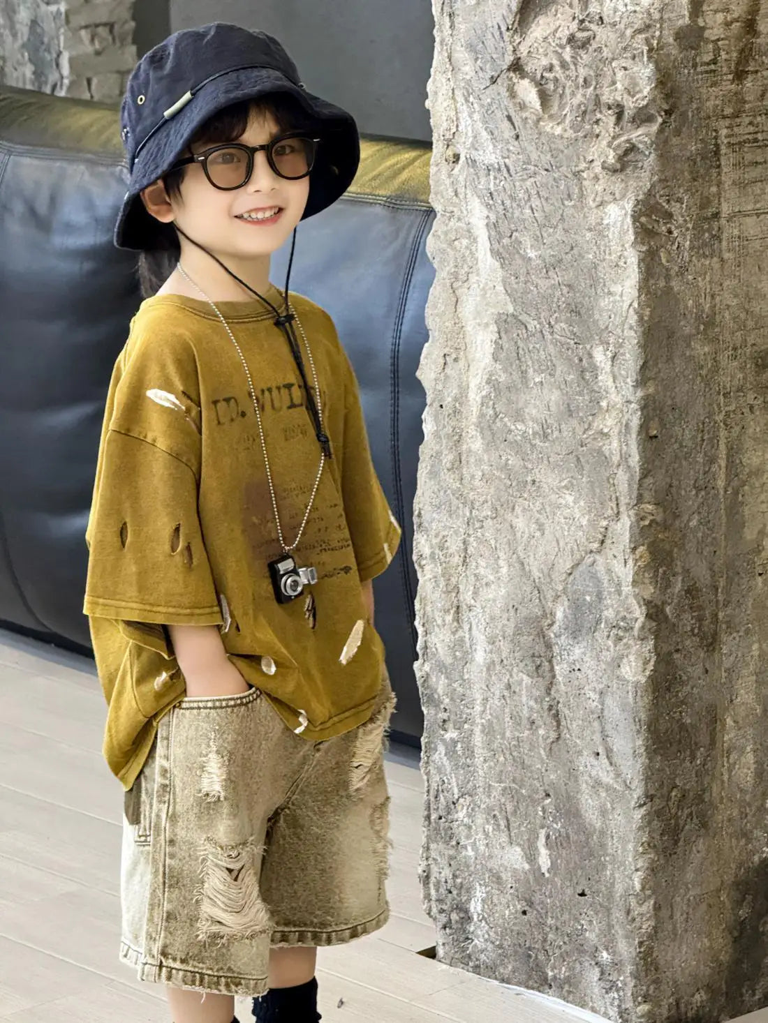 100-150cm Boys' clothing set summer new style children's ripped denim shorts tie dye short sleeved T-shirt 2-piece set