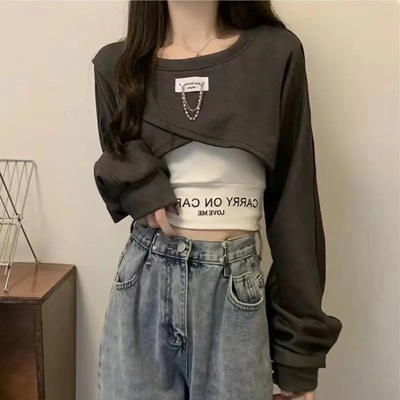 Loose Design Casual Top + Suspender + Wide Leg Pants Three Piece Set