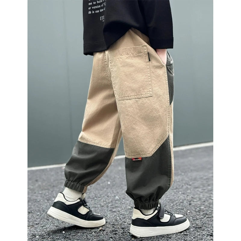 New Spring Autumn Fashion Splicing Style Boys Pants Loose Patchwork Sport Overalls Cargo Trousers For 4-14 Years Old Kids