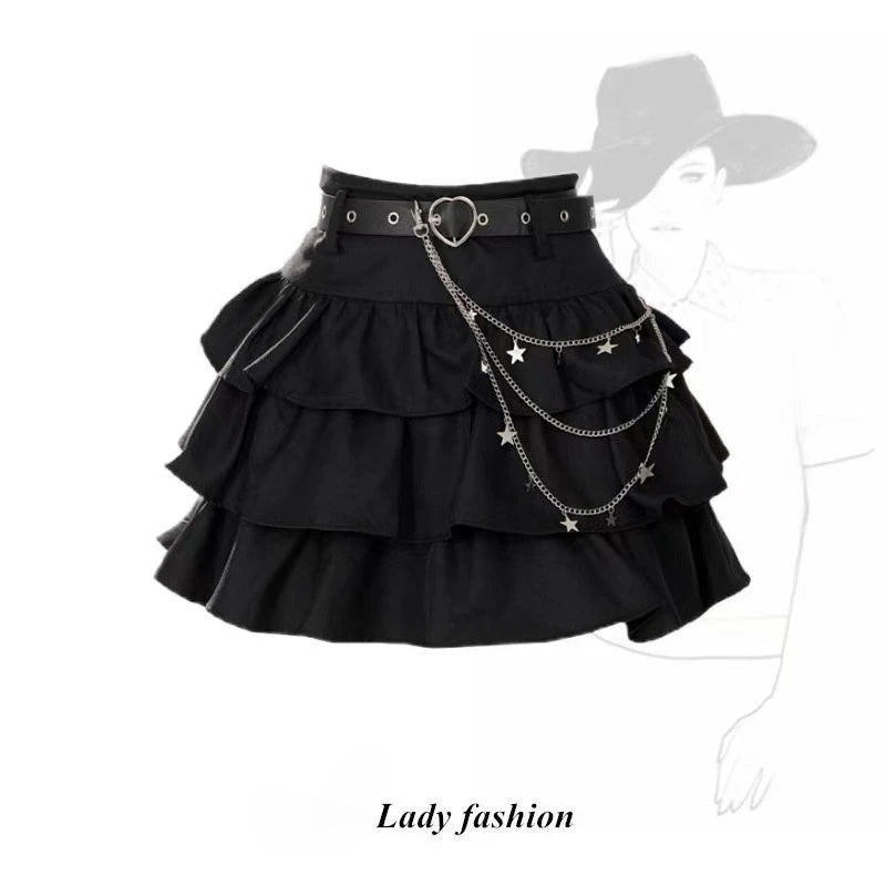 Denim Pleated Skirt Lace Fold Design A-line Short Skirt Built in Shorts