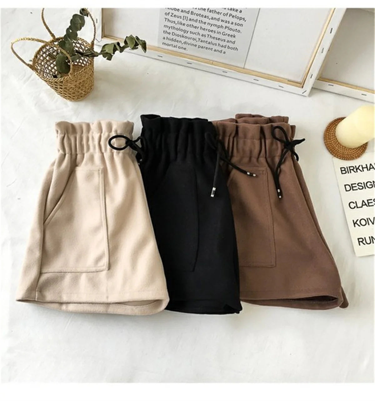 Retro High Waist Woolen Shorts