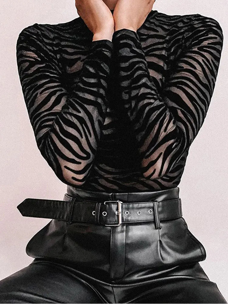 Black Mesh Transparent Zebra Bodysuit Long Sleeve Mock Neck Casual Bodysuit