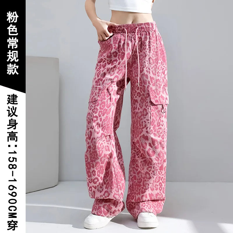 Women's Casual Pants Fall Fashion Pink Leopard Print Straight Leg Jazz Dance Workwear Trousers with Pockets American Style