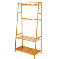 Free Standing Garment Rack Heavy Duty Bamboo Clothes Hanging Stand with Storage Shelves and Hooks