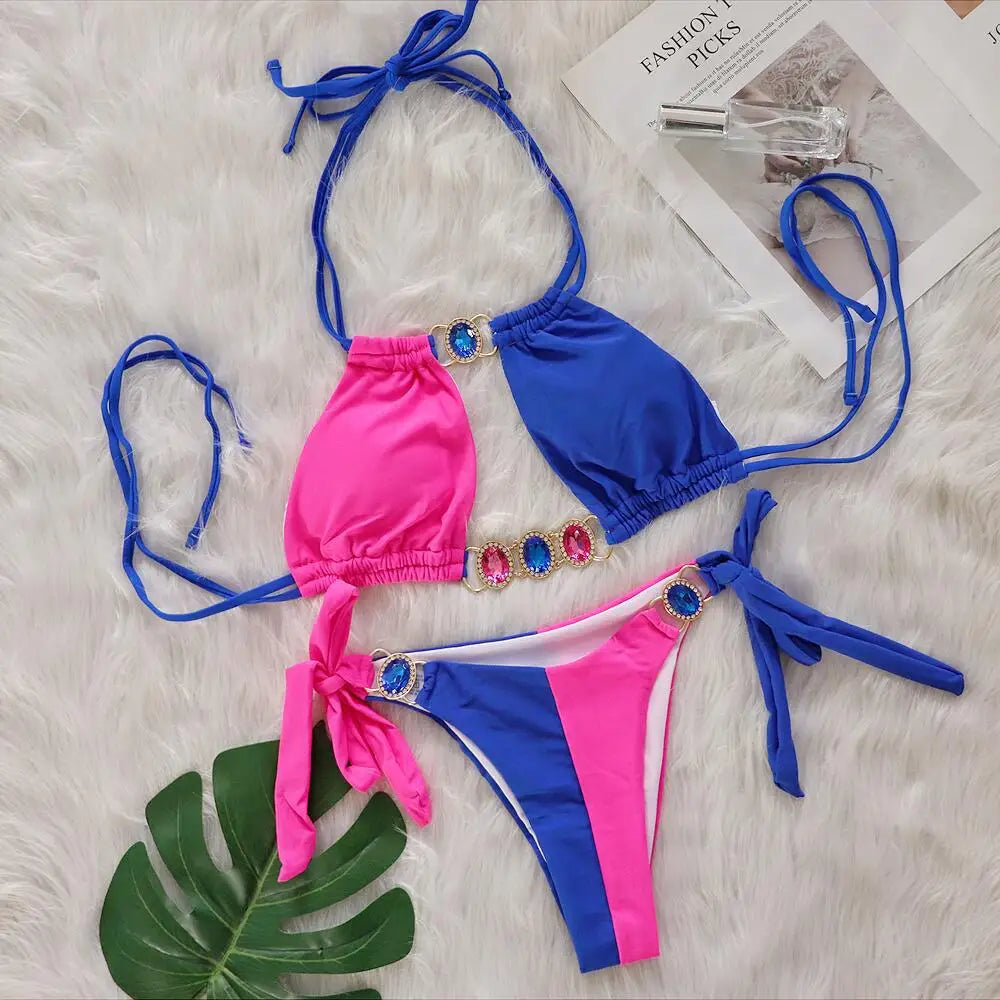 Rhinestones Splicing Bikini Set