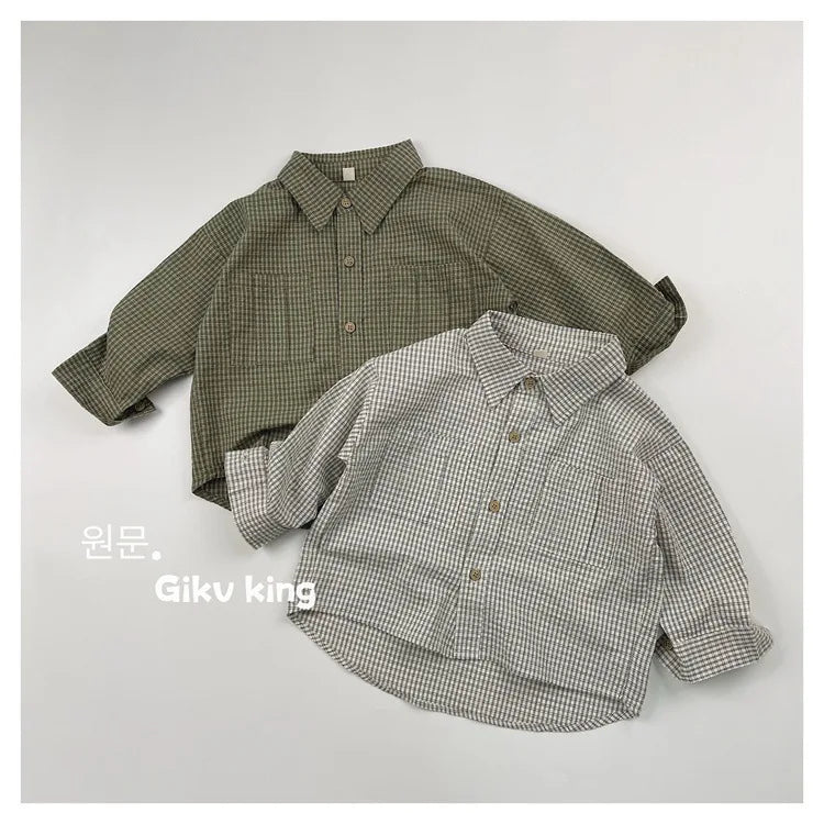2025 Spring New Children Long Sleeve Lapel Plaid Shirts Infant Boys Vintage Casual Coat Toddler Girls Pocket Tops Kids Clothes
