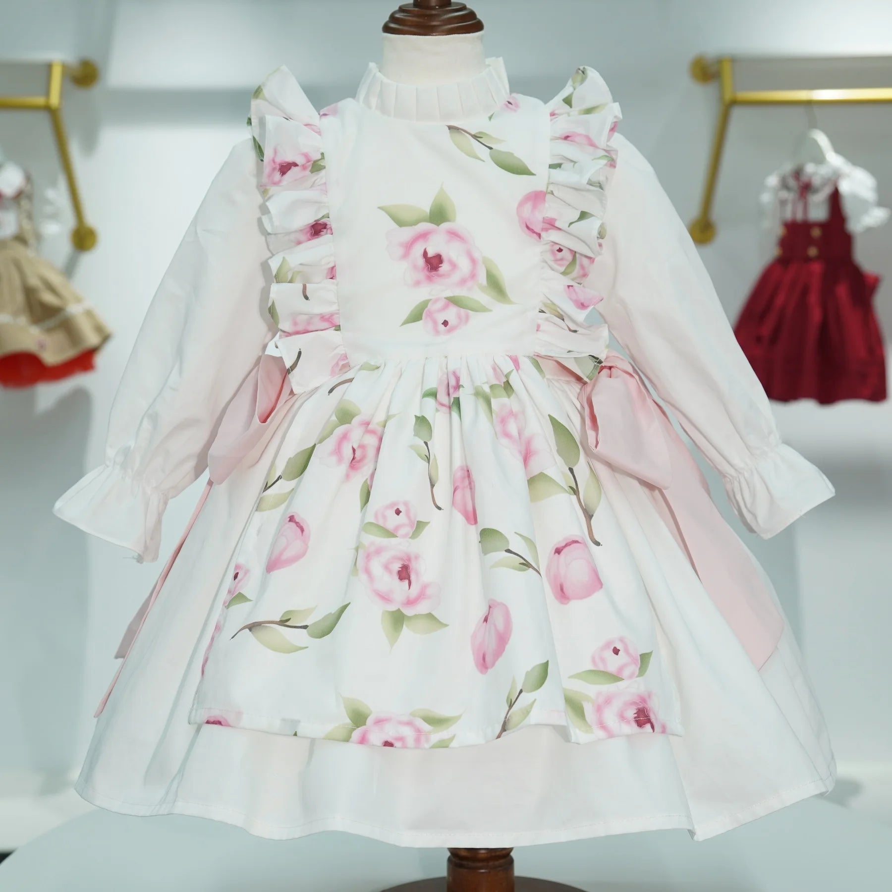 Baby Girl Autumn Floral Printed Turkish Vintage Princess Ball Gown White Dress for Birthday Holiday Photography  C25