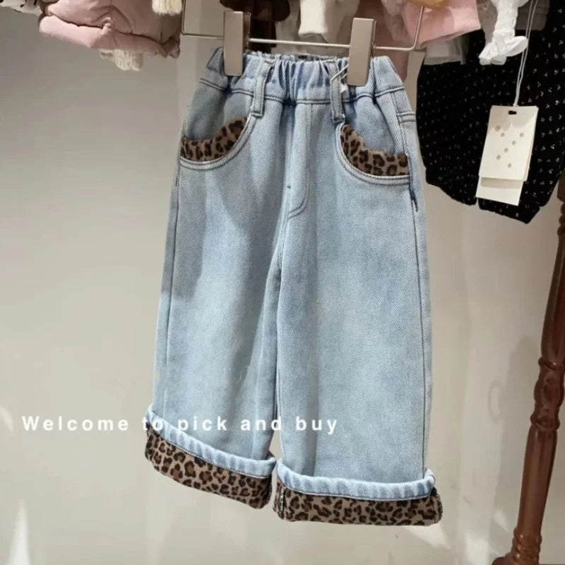 Girls Leopard Print Jeans Winter New Item Thickened one-piece Fleece Warm Straight Leg Pants For Girls Baby Winter Clothes Pants