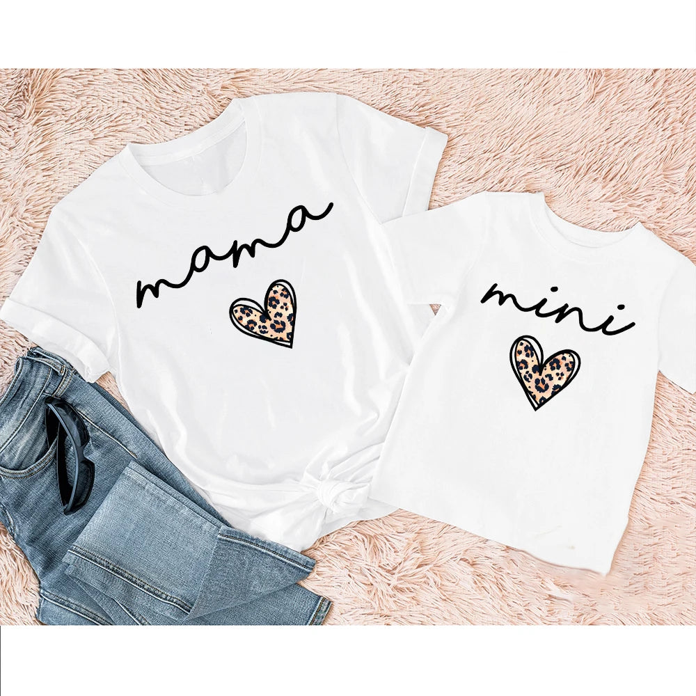 Mama Mimi Leopard Heart Print Family Matching Clothes Mother & Daughter Short Sleeve Outfit Shirt Fashion Mom Girl T-shirt Tops