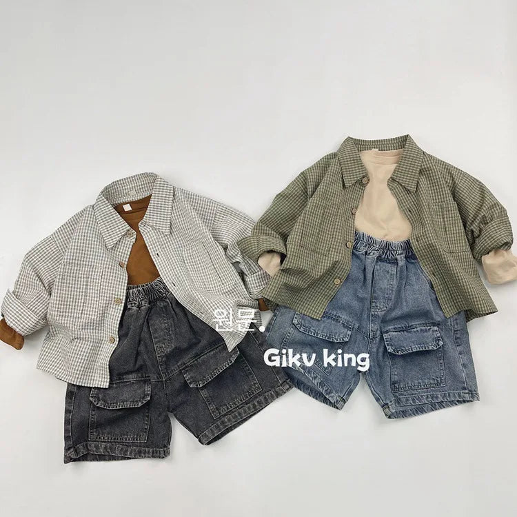2025 Spring New Children Long Sleeve Lapel Plaid Shirts Infant Boys Vintage Casual Coat Toddler Girls Pocket Tops Kids Clothes