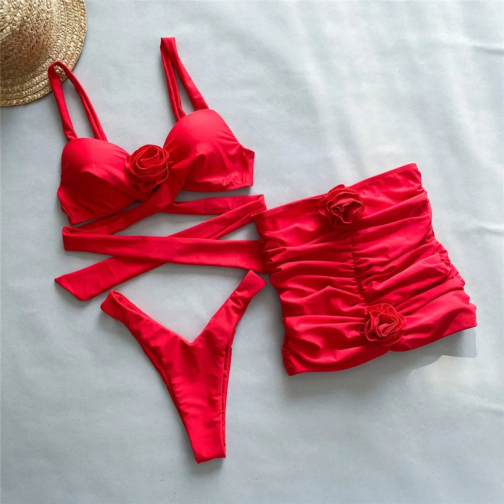 Red 3D Flower Swimwear Cover Up 3 Piece Bikini Set