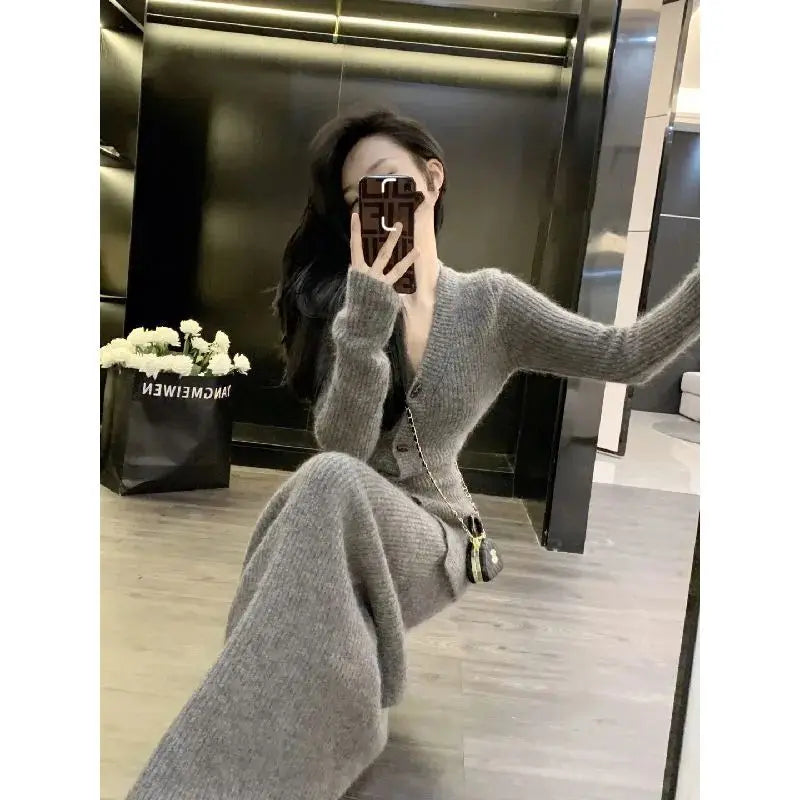 Slim Fit Long Sleeved Knitted Sweater+ Half Length Skirt Two-Piece Set