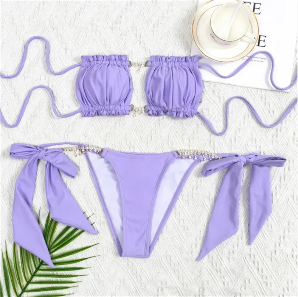 Rhinestone Chain Micro Thong Bikini