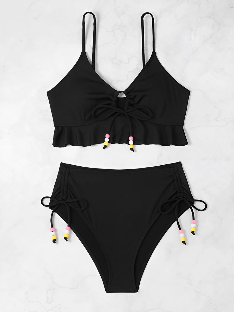 2025 High Waist Bikini Women Drawstring Swimwear Female Ruffle Swimsuit Solid Bathers Bathing Swimming Swim Suit Beachwear