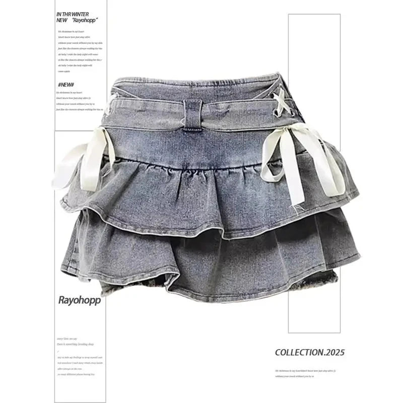 Denim Pleated Skirt Lace Fold Design A-line Short Skirt Built in Shorts