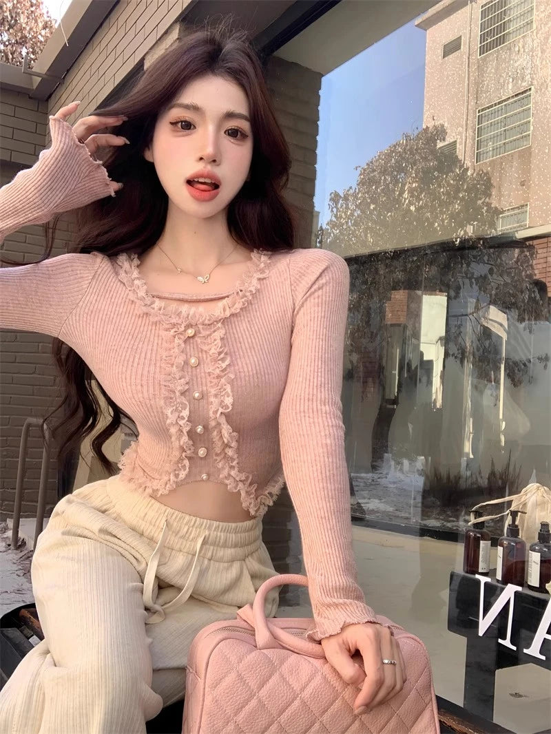 Square Collar Lace Basic Crop Top