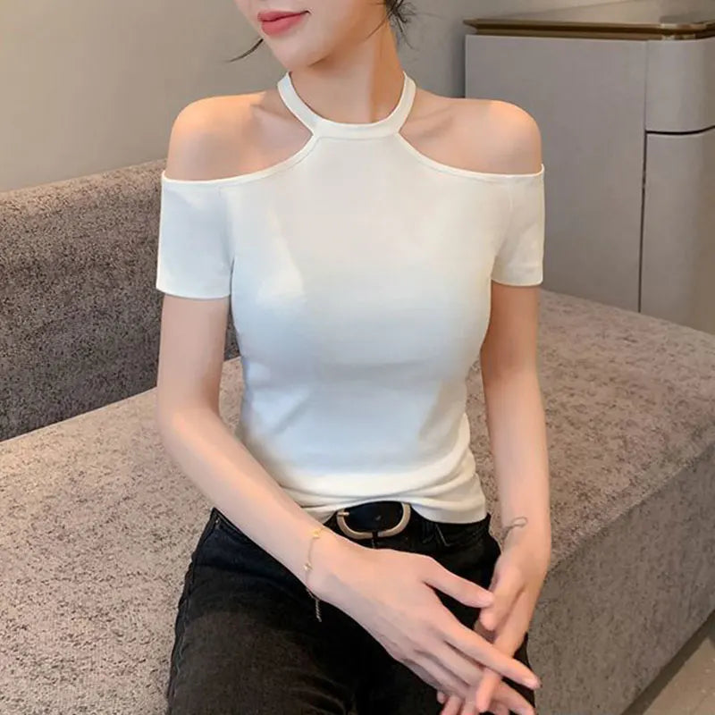 Halter Off Shoulder Short Sleeve T-Shirt