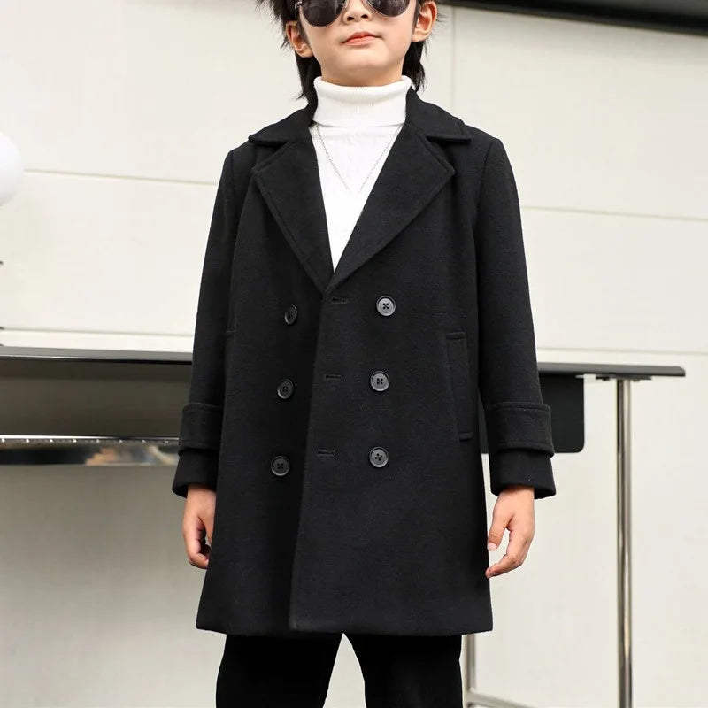 Boys Autumn Winter Double-breasted Coat Kids Solid Woolen Jacket Children Outerwear Toddler Teenager Overcoat 6 8 10 12 14 Years