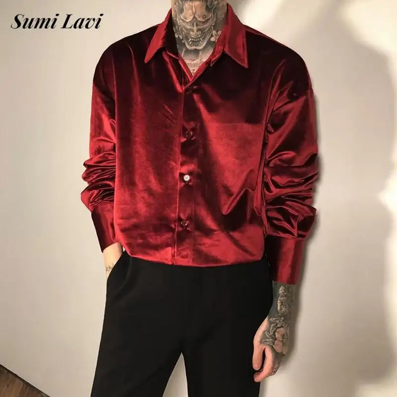 Velvet Solid Color Turn-Down Collar Buttoned Casual Shirt