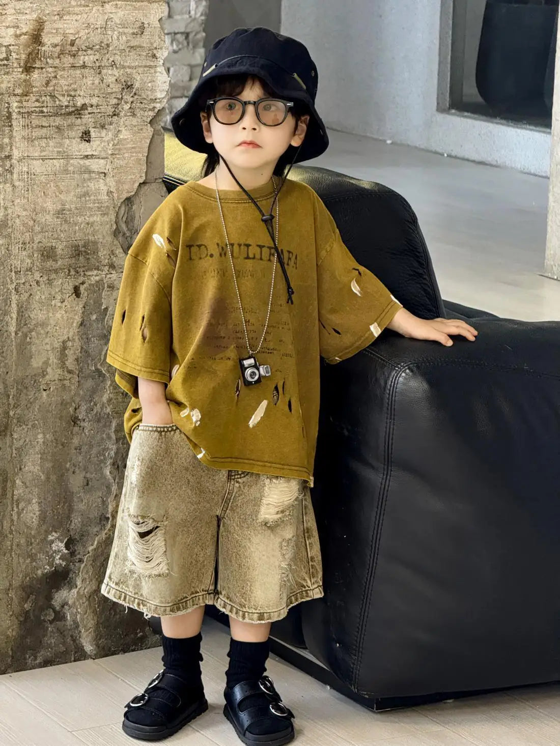 100-150cm Boys' clothing set summer new style children's ripped denim shorts tie dye short sleeved T-shirt 2-piece set