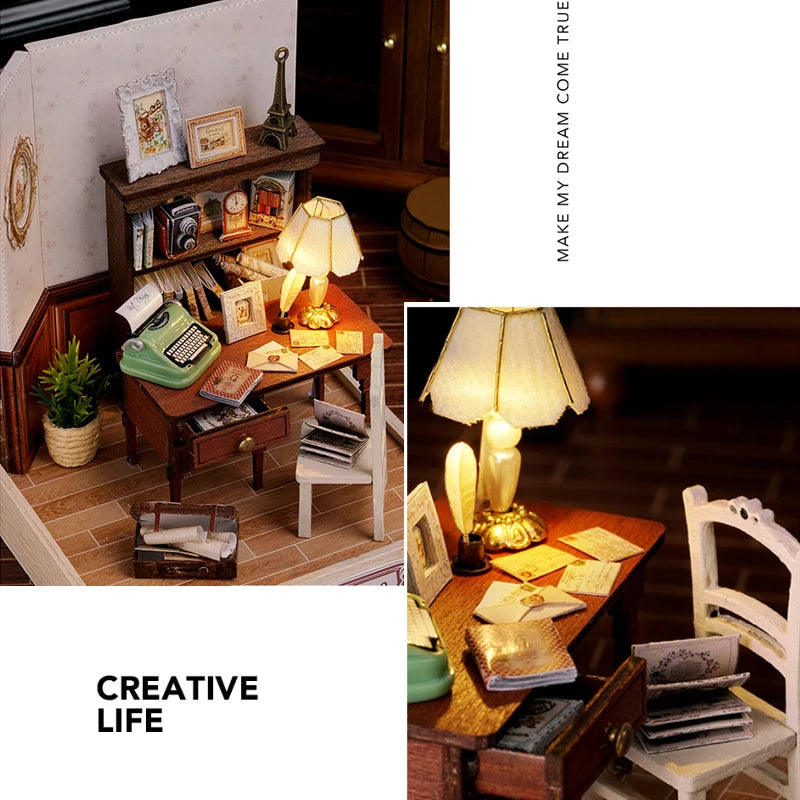 Wooden Miniature Doll House DIY Handmade Assembly Model Building Kit With Dust Cover