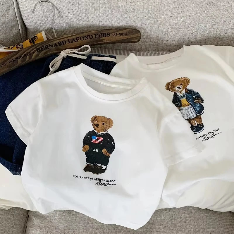 Children's cotton T-shirt boys and girls cartoon teddy bear short-sleeved T-shirt cute pattern top suitable for all seasons